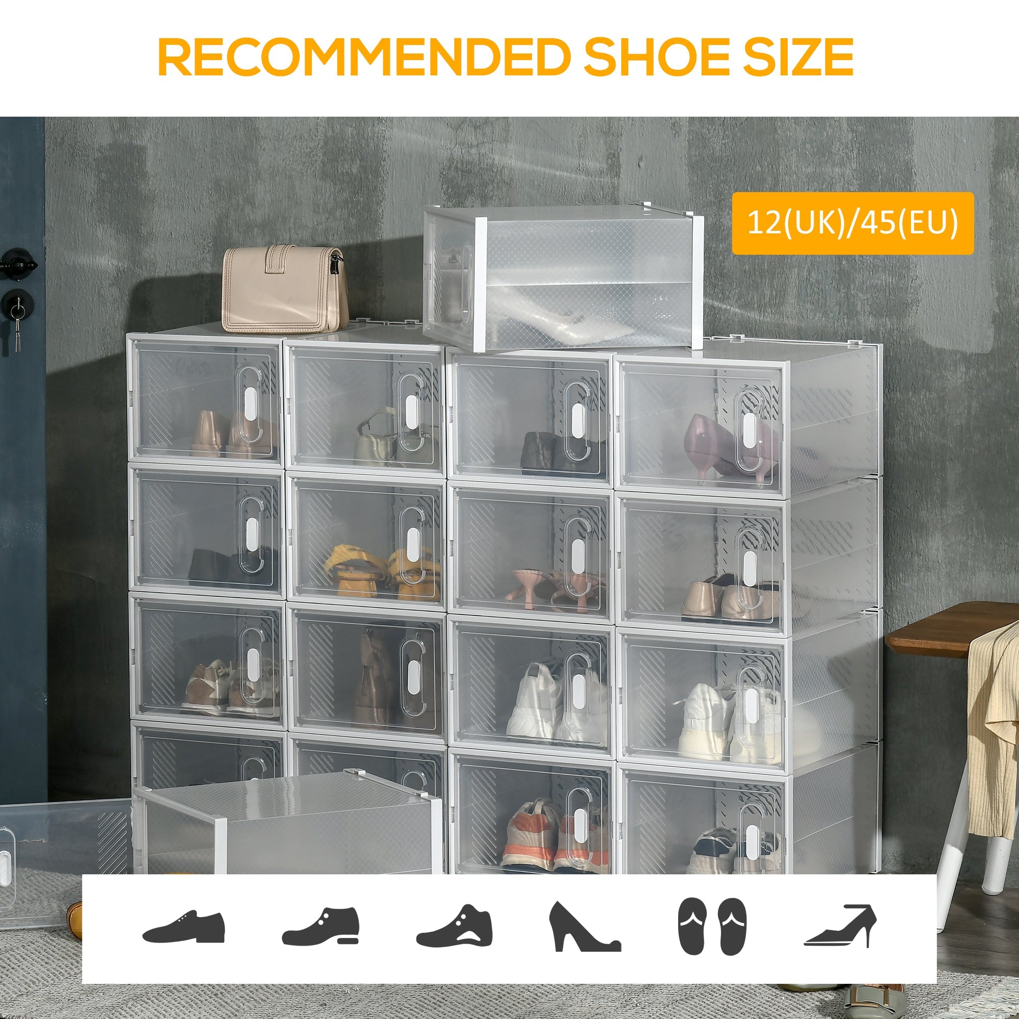 HOMCOM 18PCS Clear Shoe Box, Plastic Stackable Shoe Storage Box for UK/EU Size up to 12/46 with Magnetic Door for Women/Men, 28 x 36 x 21 cm