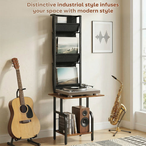 HOMCOM Vinyl Record Player Stand Record Storage with Player Stand Oxford Fabric Pockets Bottom Shelf Rustic Brown and Black