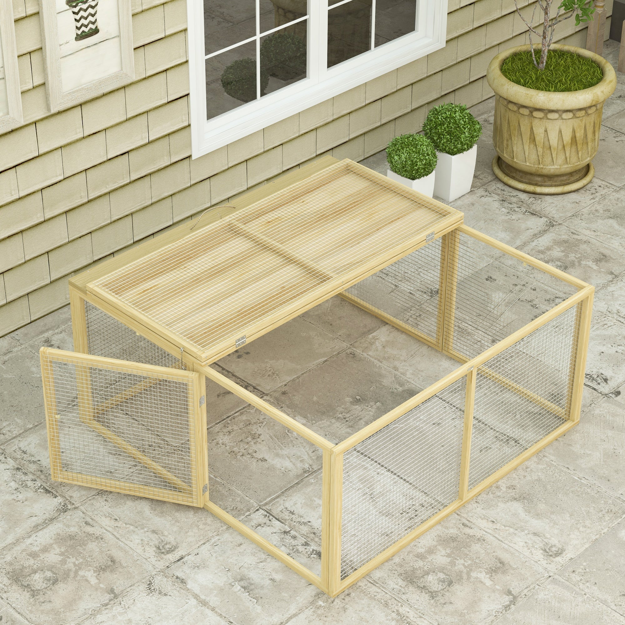PawHut Wooden Folding Rabbit Hutch, for 2-3 Rabbits - Natural Wood