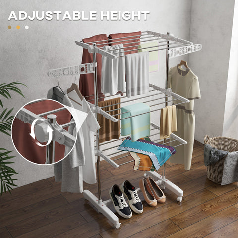 HOMCOM 3-Tier Clothes Airer, Stainless Steel Foldable Clothes Drying Rack with Wheels and Wings, Indoor and Outdoor, Easy Assembly, 142 x 55 x 152cm, White