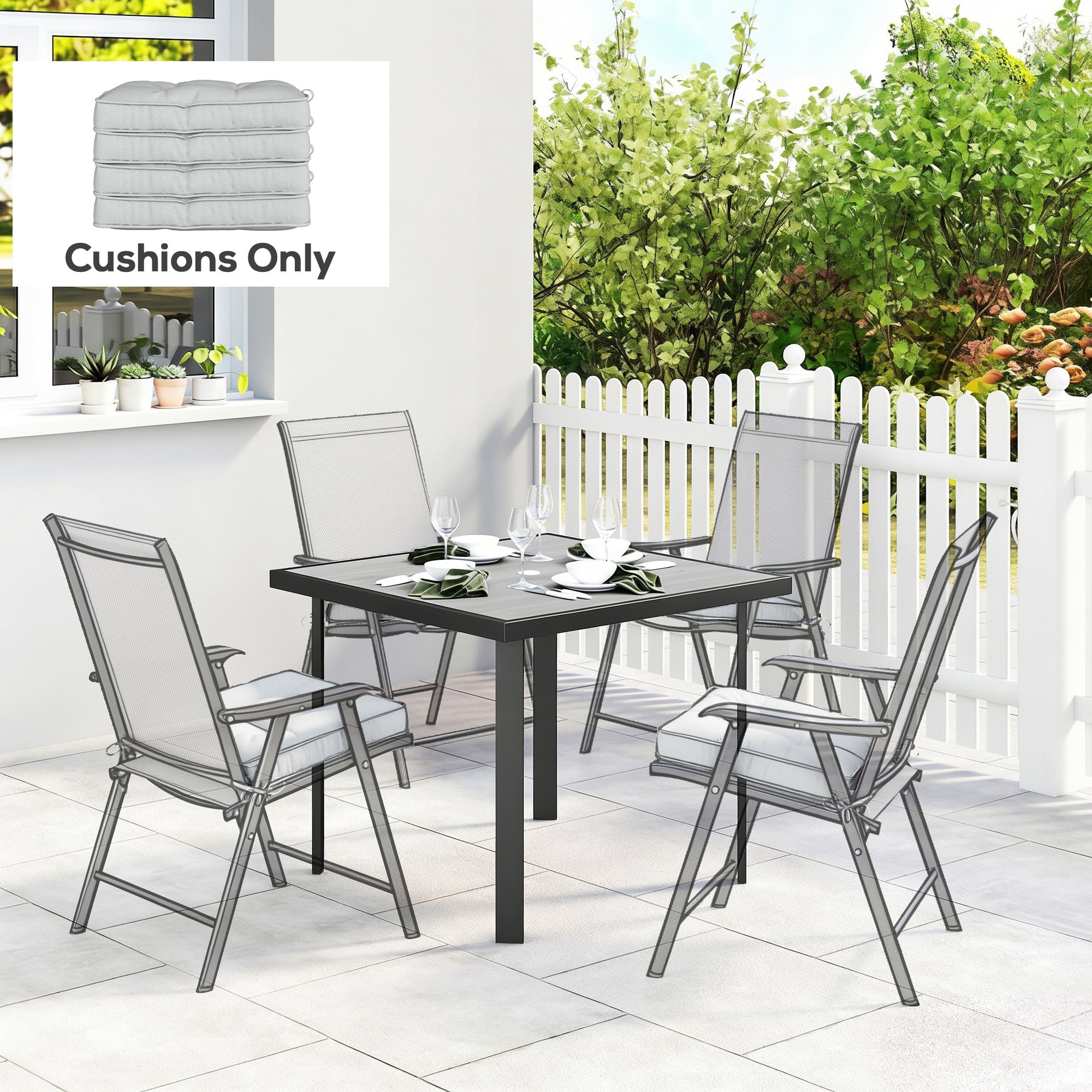 Outsunny Set of 4 Garden Seat Cushion with Ties, 42 x 42cm Replacement Dining Chair Seat Pad, Light Grey
