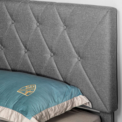 HOMCOM Double Bed Frame with 5-Level Adjustable Linen Upholstered Headboard, Wooden Slats Mattress Foundation, No Box Spring Needed, Grey