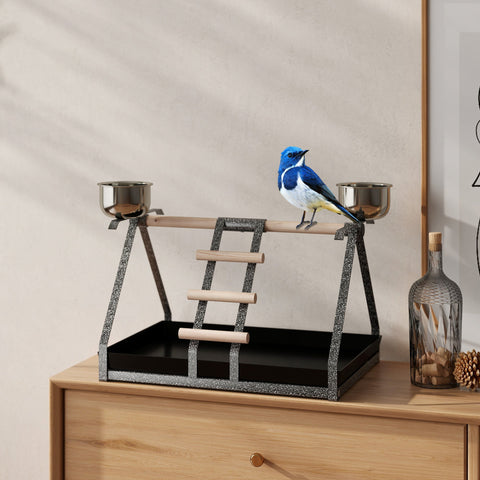 PawHut Parrot Stand Bird Stand w/Wood Perch Ladder Feeder Removable Tray