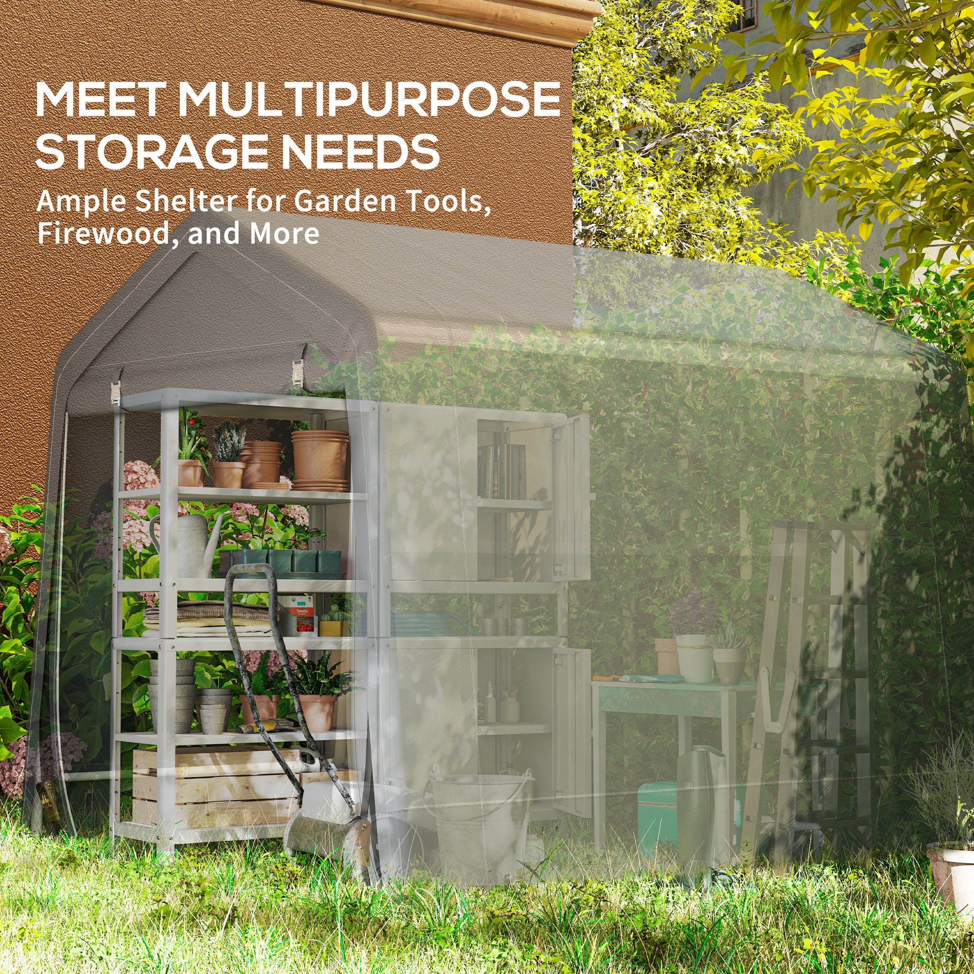 Outsunny 8 x 6.5 ft Outdoor Garden Storage Shed, Waterproof Bike Tent w/ Double Roll-up Zipper Door for Garden Tools, Dark Grey