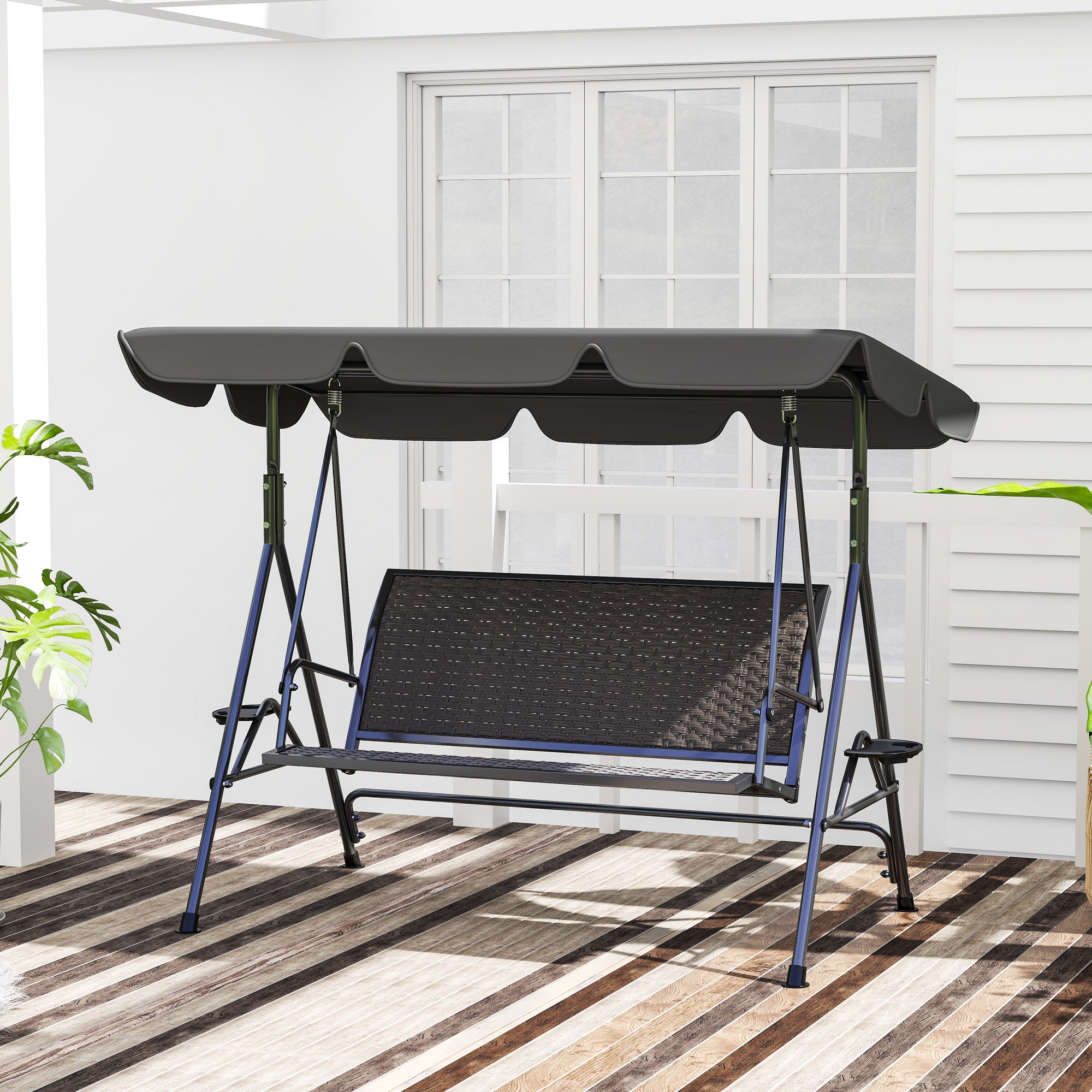 Outsunny 3 Seater Swing Chair, Garden Swing Seat Bench with Adjustable Canopy, Rattan Seat and Steel Frame for Patio, Yard, Grey