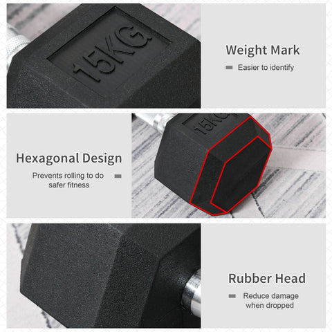 HOMCOM 15KG Single Rubber Hex Dumbbell Portable Hand Weights Dumbbell Home Gym