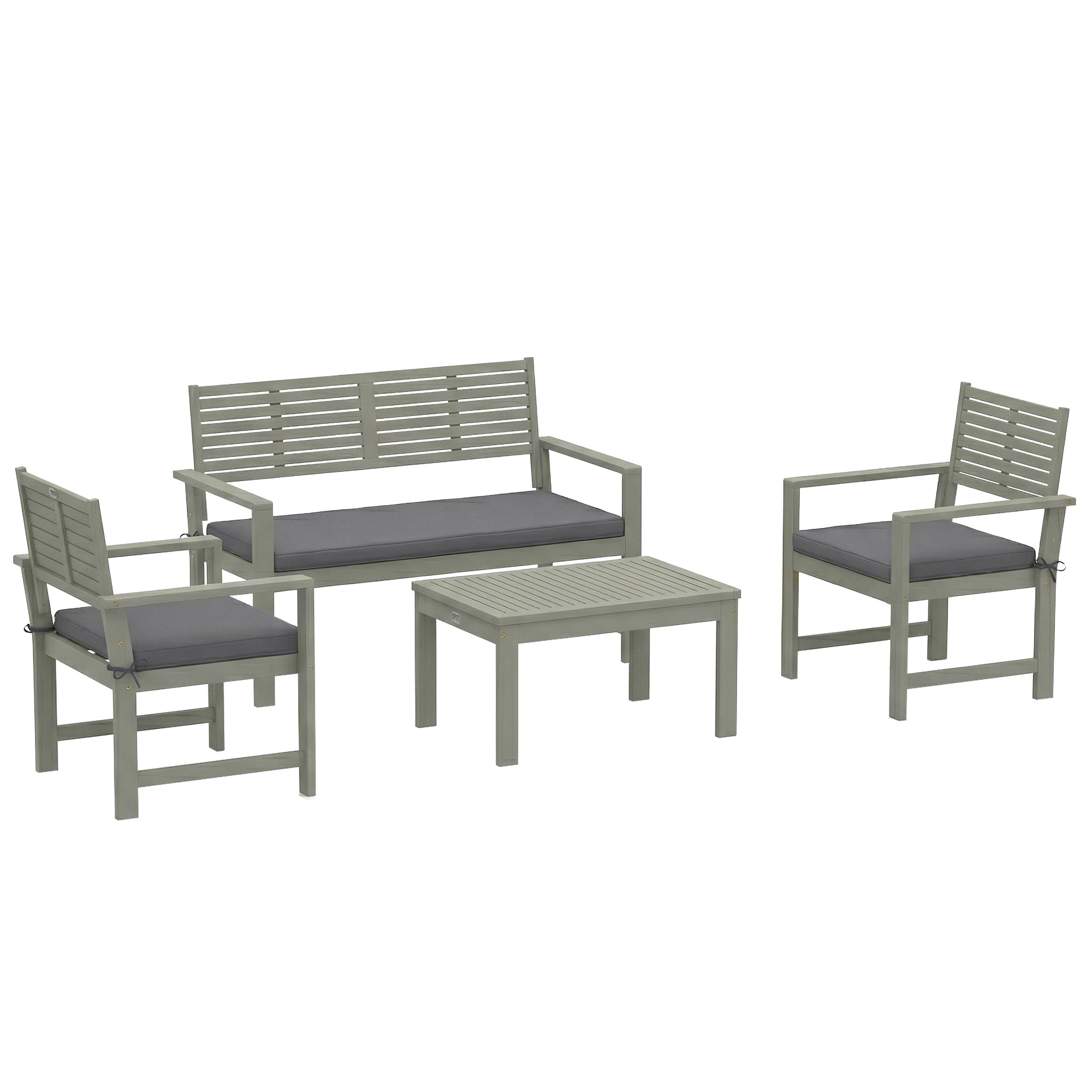 Outsunny 4 Seater Wooden Garden Furniture Set with Loveseat, Armchairs, Table, Acacia Wood Garden Sofa Set, Light Grey
