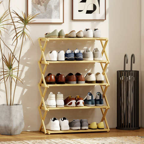 HOMCOM Five-Tier Folding Bamboo Shoe Rack - Natural Finish