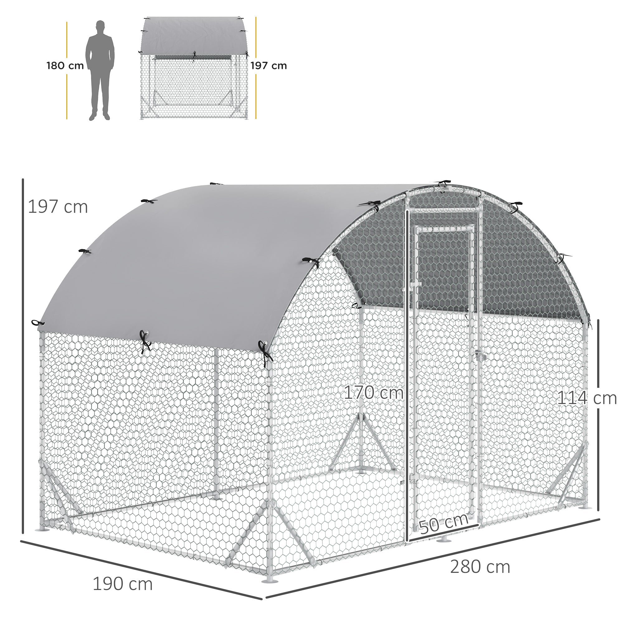 PawHut Walk In Chicken Run Galvanised Chicken Coop Hen Poultry House Cage Rabbit Hutch Pet Playpen Garden with Water-Resist Cover, 2.8 x 1.9 x 2m
