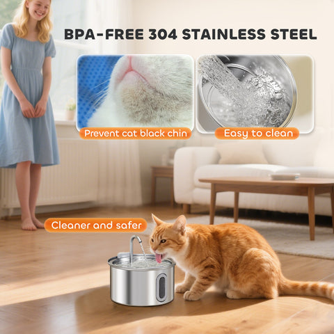 PawHut 2.5L Stainless Steel Cat Water Fountain for Drinking with Ultra-Silent Pump, Water-Level Window, Filters