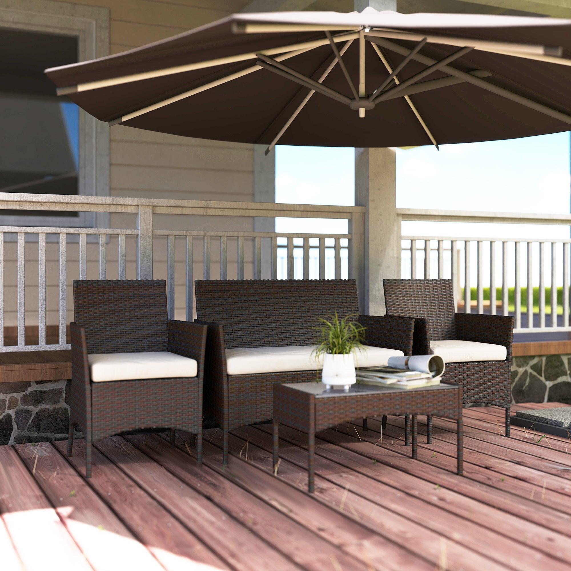 Outsunny 4 Piece Rattan Garden Furniture Sofa Set with Loveseat, Armchairs, Glass-Top Coffee Table and Cushions, Brown