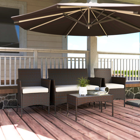 Outsunny 4 Piece Rattan Garden Furniture Sofa Set with Loveseat, Armchairs, Glass-Top Coffee Table and Cushions, Brown