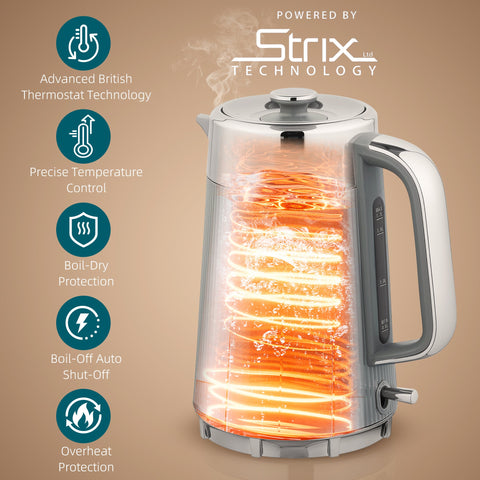 HOMCOM Electric Stainless Steel Kettle and Toaster Set, 3000W 1.7L UK Strix Thermostat Fast Boil Kettle w/ Limescale Filter, Cool Touch Body, 4 Slice Toaster with 7 Browning Levels, Crumb Tray, Grey