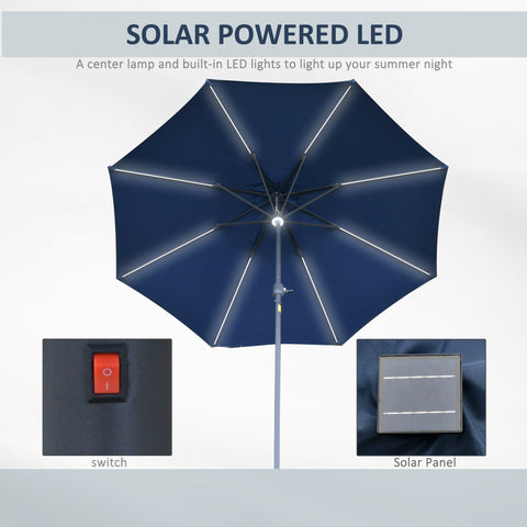 Outsunny 2.7m Garden Parasol Sun Umbrella w/ LED Solar Light Angled Canopy Blue