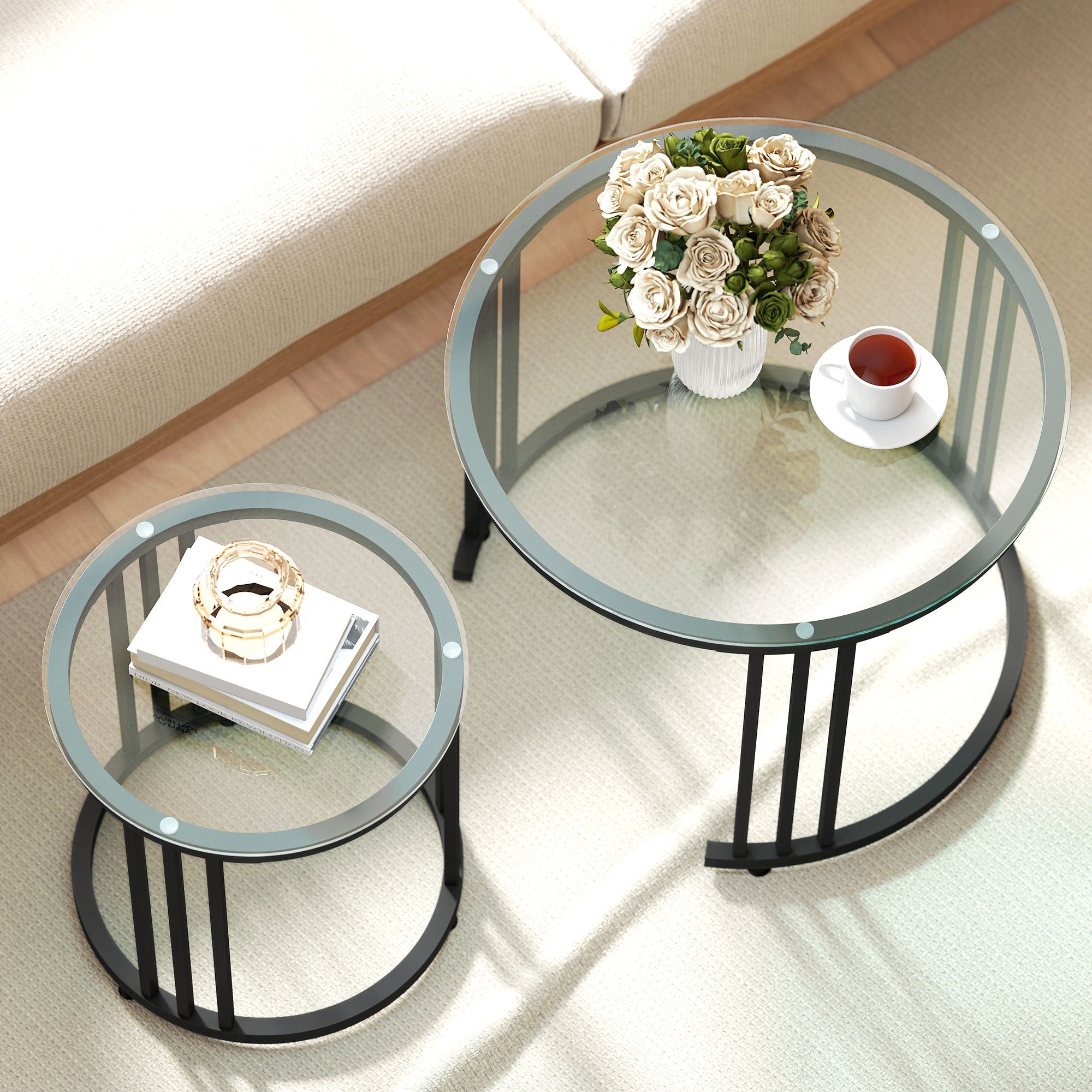 HOMCOM Round Coffee Tables Set of 2, Nesting Tables with Tempered Glass Top and Steel Frame, Black