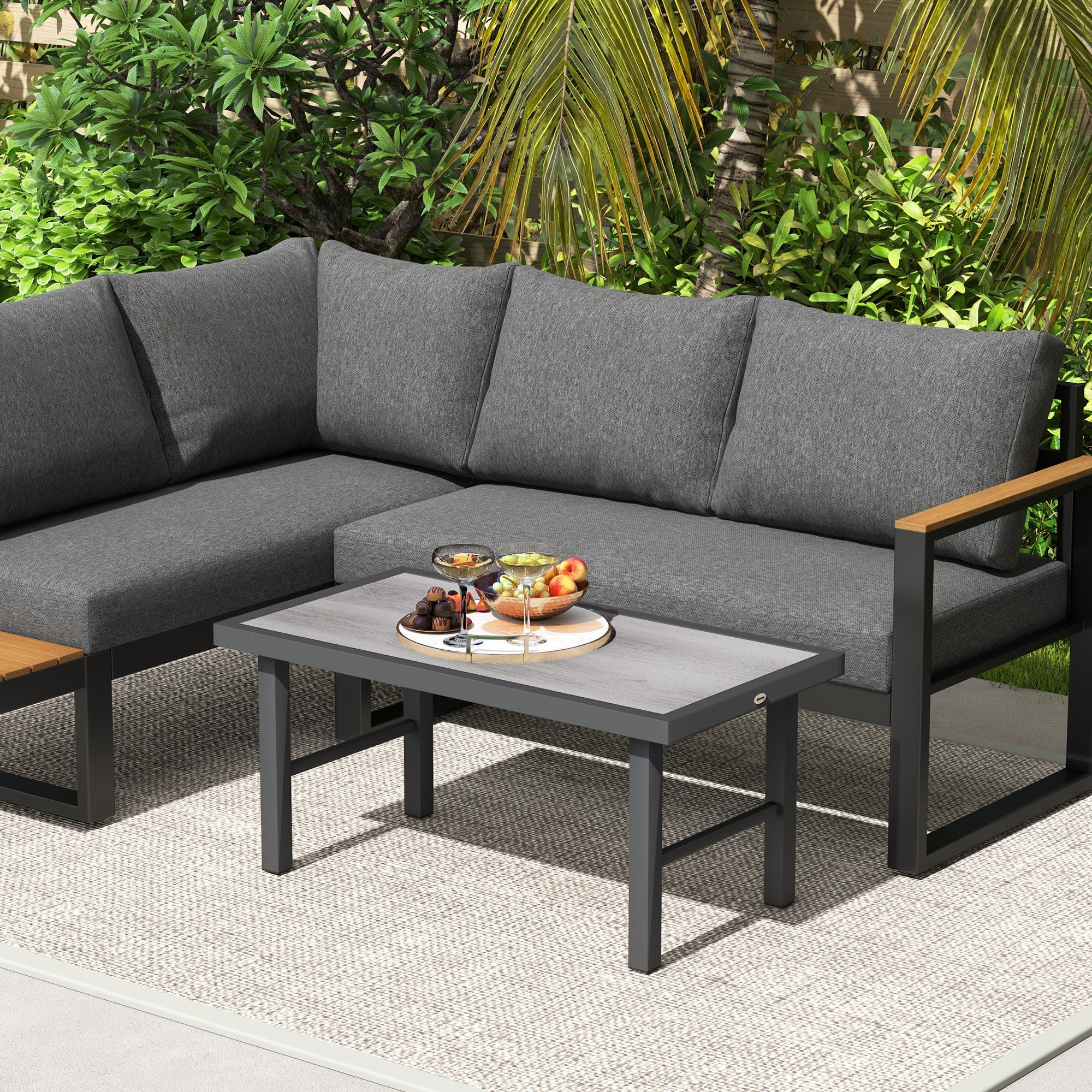 Outsunny Metal Garden Coffee Table, Outdoor Side Table with SPC Woodgrain Tabletop for Outside, Garden, Balcony, Porch, 100 x 53 x 46cm, Grey Wood Effect