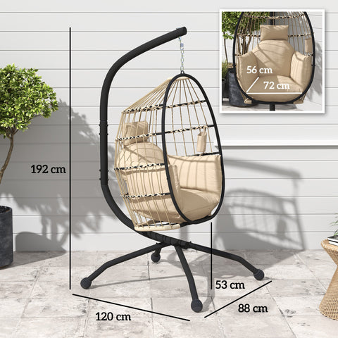 Outsunny Hanging Egg Chair Outdoor Indoor Garden Swing Chair with Folding Basket and Thickened Cushion, Garden Hanging Chair with Stand, Headrest, Cup Holder for Patio, Balcony, Khaki