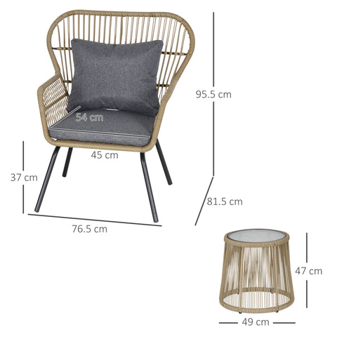 Outsunny 3 Pieces Rattan Bistro Set, Wicker Garden Furniture Set with Cushions, Glass Top Coffee Table and Chairs for Outdoor, Patio, Balcony, Brown