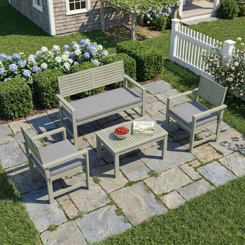 Outsunny 4 Seater Wooden Garden Furniture Set with Loveseat, Armchairs, Table, Acacia Wood Garden Sofa Set, Light Grey