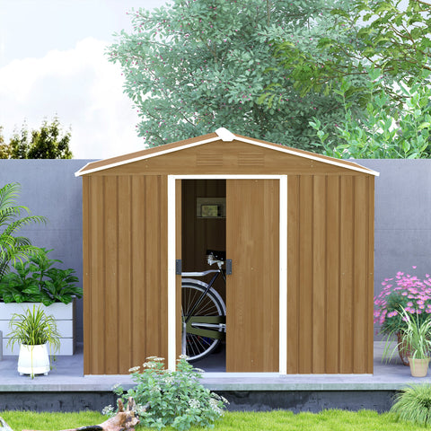 Outsunny 8 x 6ft Outdoor Garden Storage Shed, Metal Tool House with Ventilation and Sliding Doors Chocolate Wood Effect