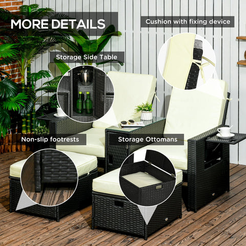 Outsunny 5PC PE Rattan Sun Lounger, Outdoor Wicker 5-level Adjustable Recliner Sofa Bed with Storage Side Table and Footstools, for Patio, Garden, Poolside, Black