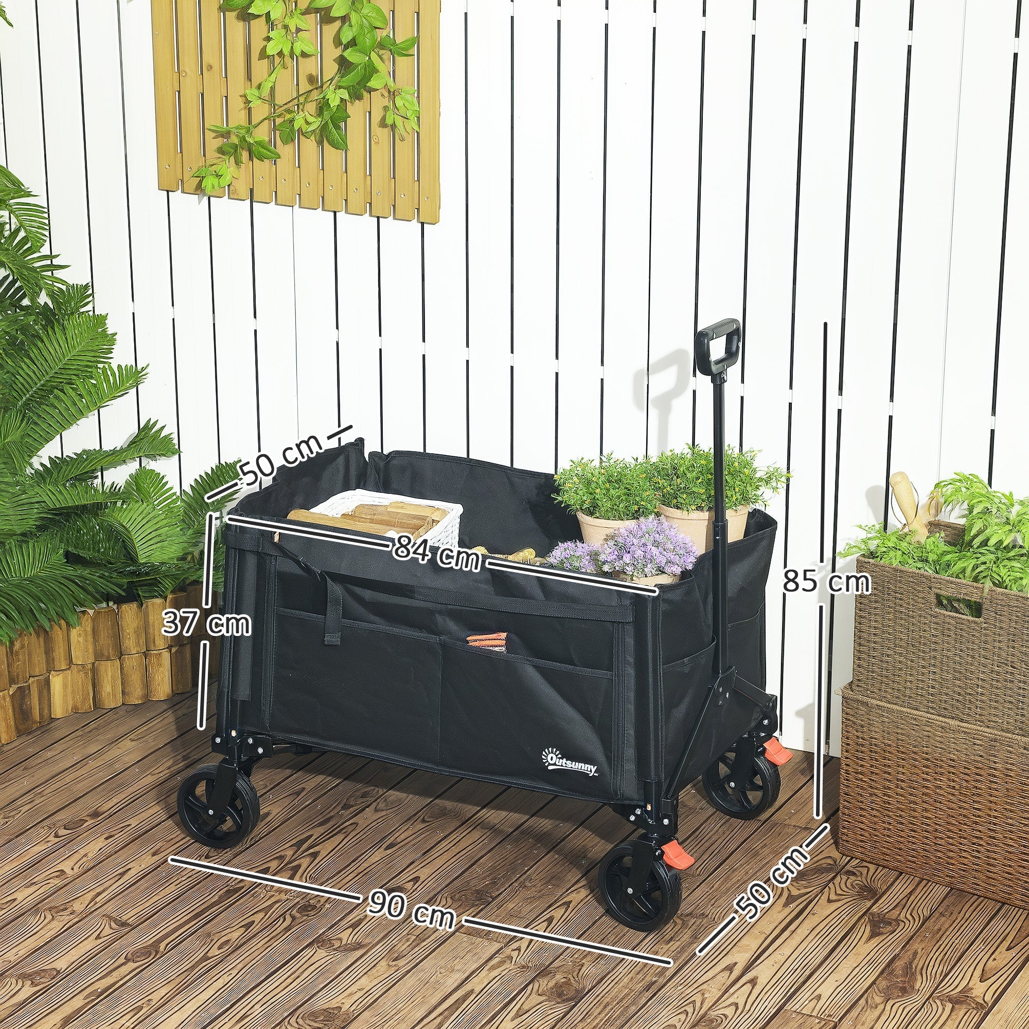 Outsunny Folding Trolley on Wheels, 150L Collapsible Wagon Festival Trolley Cart with Openable Sides, Adjustable Handle and Brakes for Shopping Camping Beach and Garden, Black