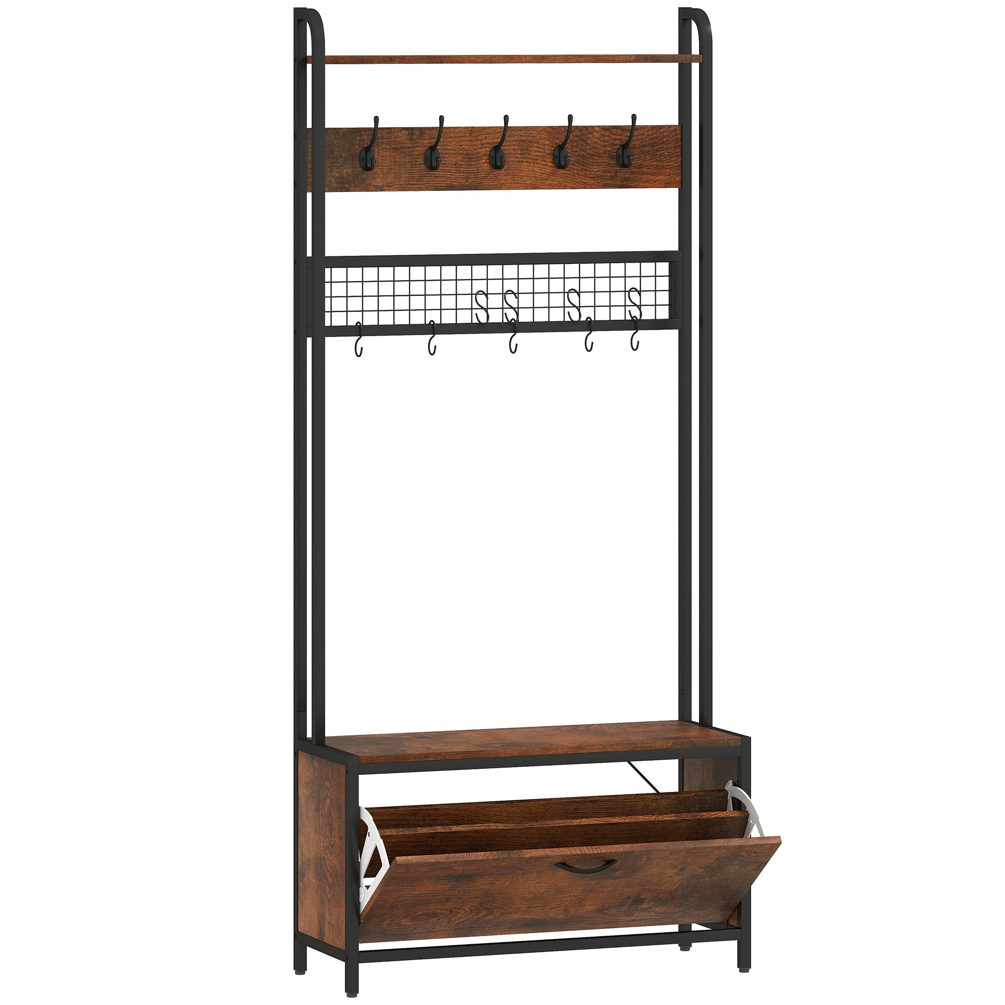 HOMCOM 5-In-1 Industrial-Style Hallway Tree - Brown/Black