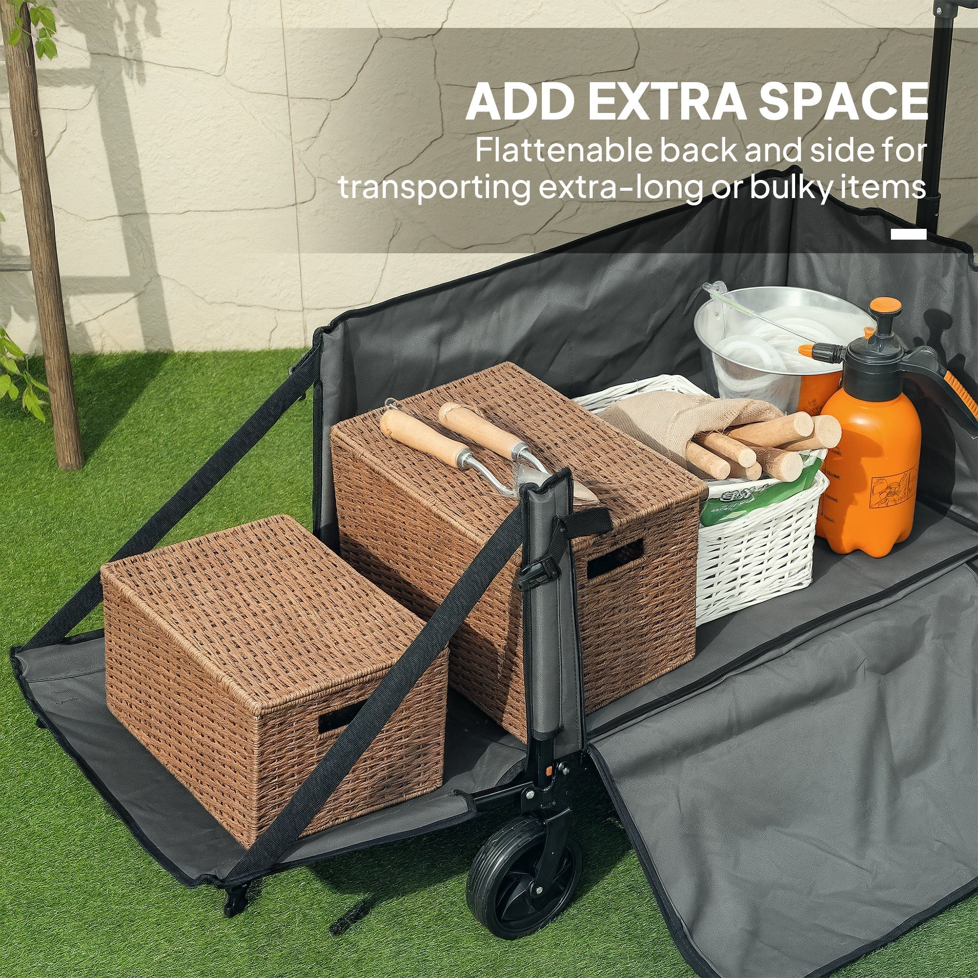 Outsunny Folding Trolley on Wheels, 150L Collapsible Wagon Festival Trolley Cart with Openable Sides, Adjustable Handle and Brakes for Shopping Camping Beach and Garden, Grey