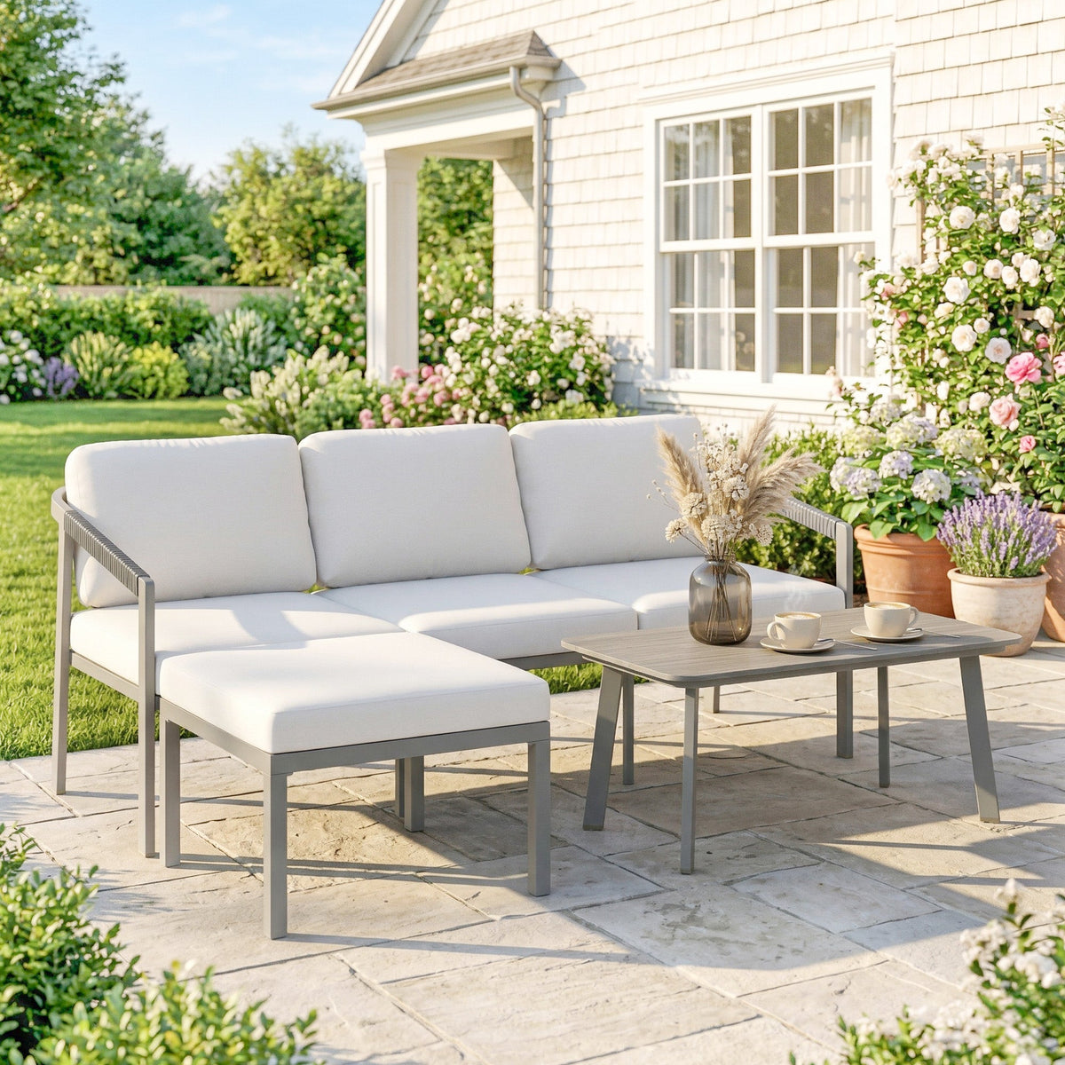 Outsunny 3 Piece Garden Dining Set, Outdoor Patio Furniture with 3 Seater Sofa, Footstool, Coffee Table and Cuhsions