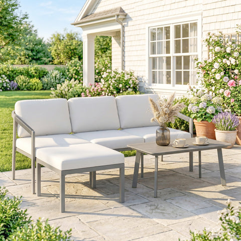 Outsunny 3 Piece Garden Dining Set, Outdoor Patio Furniture with 3 Seater Sofa, Footstool, Coffee Table and Cuhsions