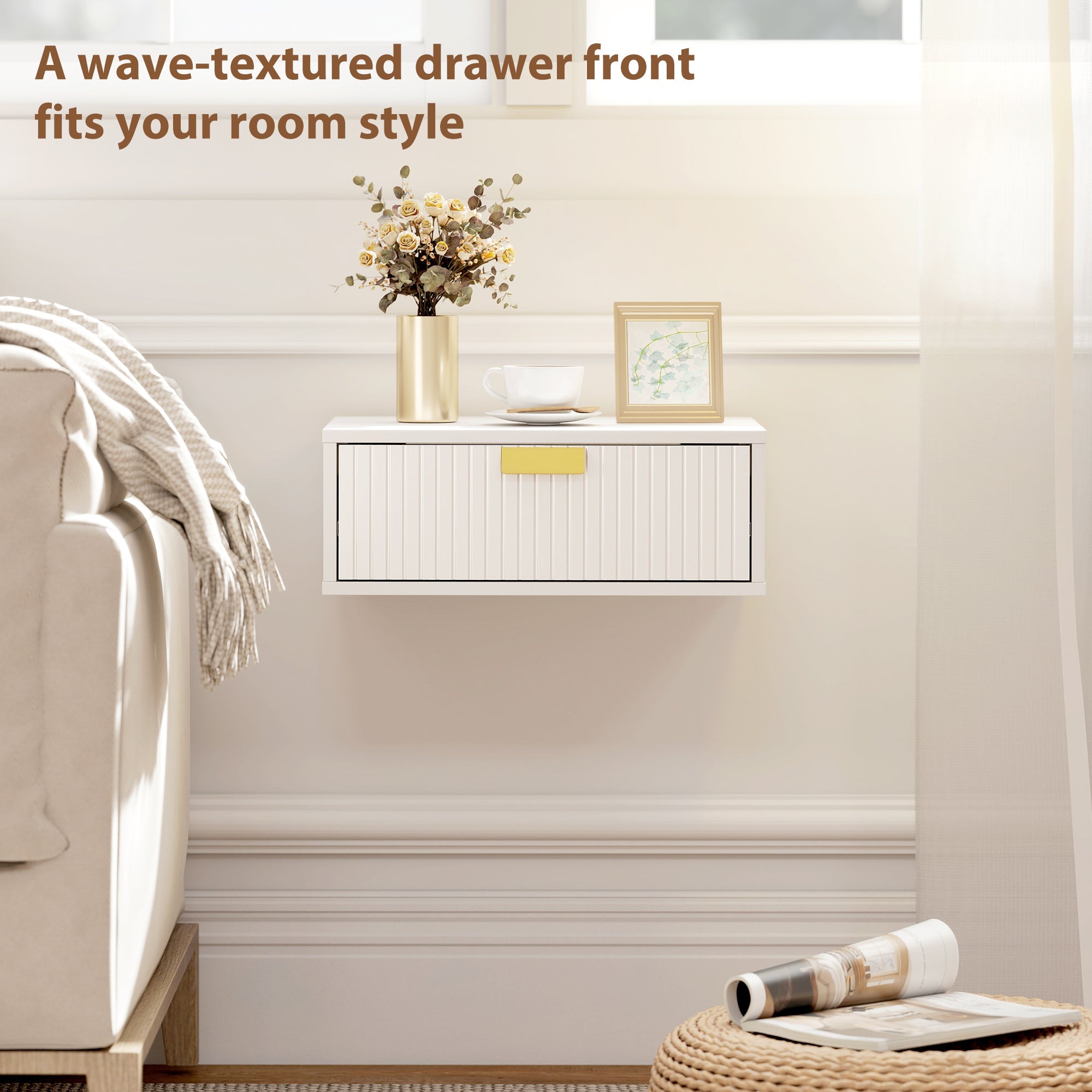 HOMCOM Modern Floating Nightstands Set of 2, Wall Mounted Bedside Tables with Wave Drawer White