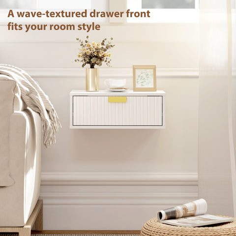 HOMCOM Modern Floating Nightstands Set of 2, Wall Mounted Bedside Tables with Wave Drawer White