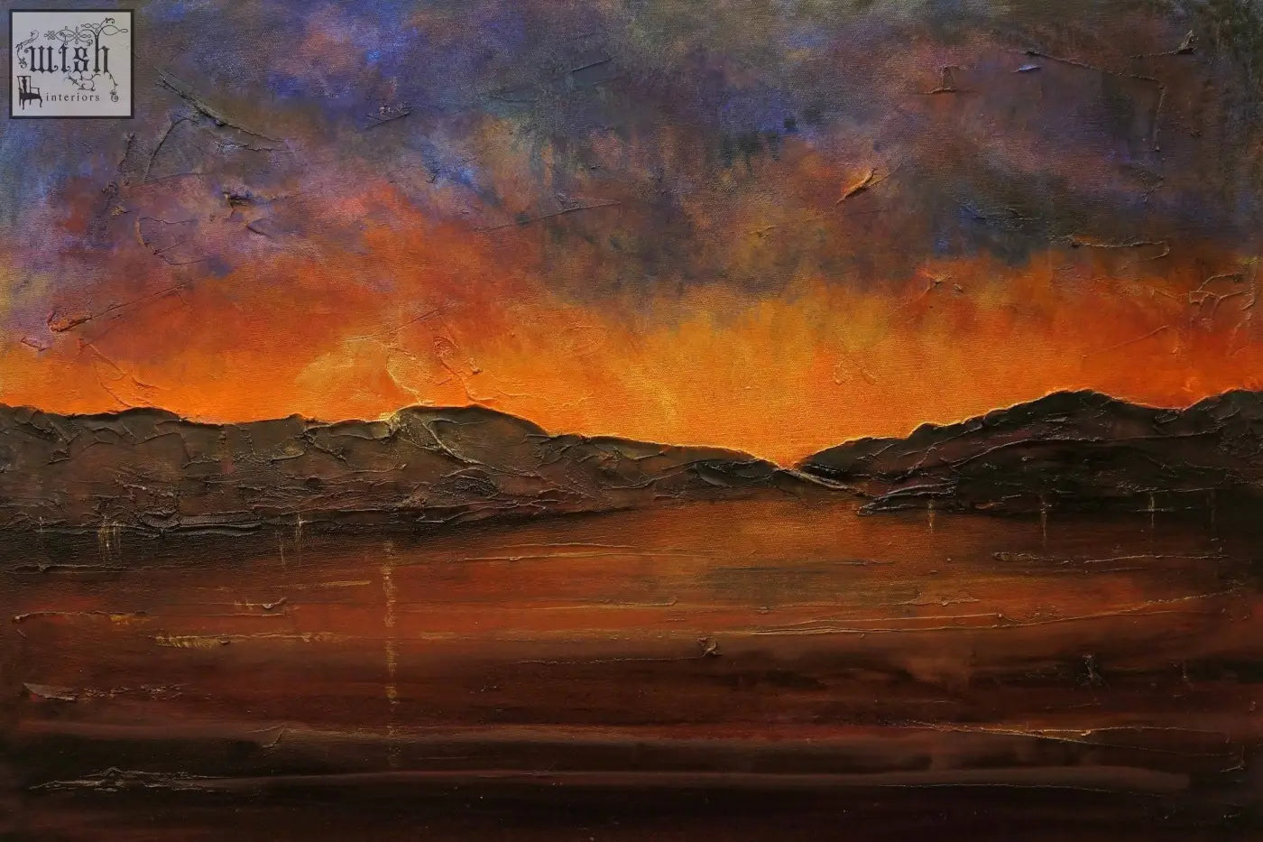 Vibrant art print of brooding clyde dusk with fiery orange and deep purple textured brushstrokes for interior walls