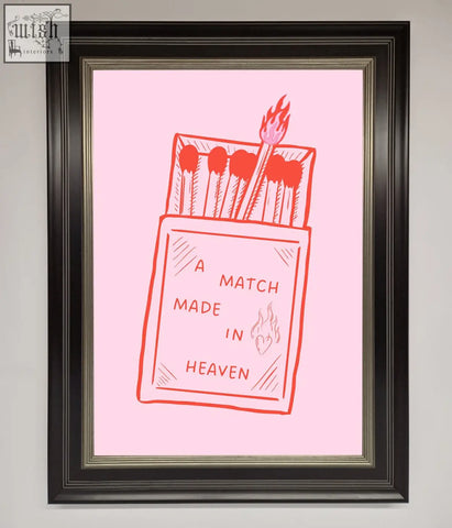 A pink match made in heaven framed wall art featuring a matchbox illustration with red outline text in a heaven framed wall