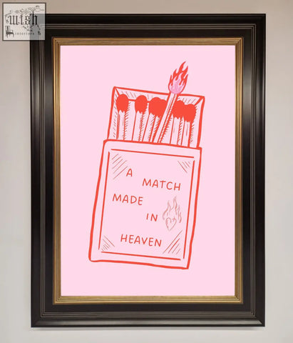 A match made in heaven framed wall art featuring a red line drawing of a lit matchbox on a soft pink background