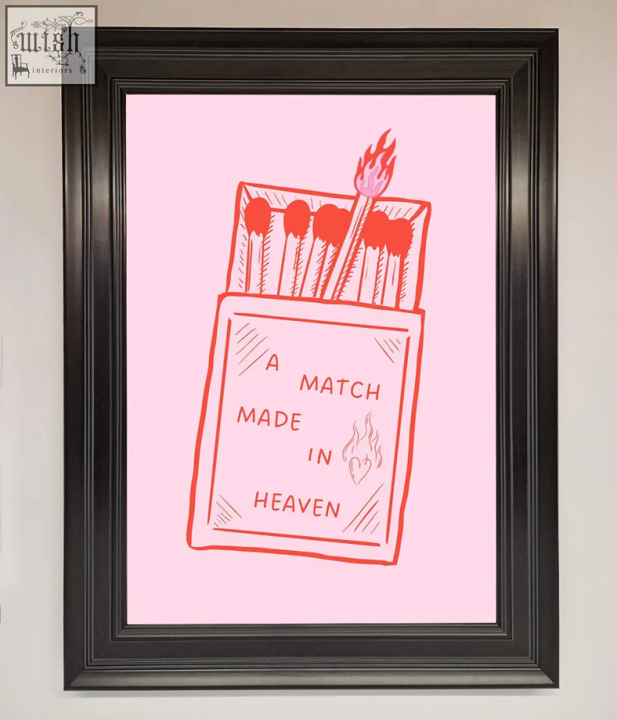 A framed pink illustration of a matchbox with a match made in heaven text for heaven framed wall art