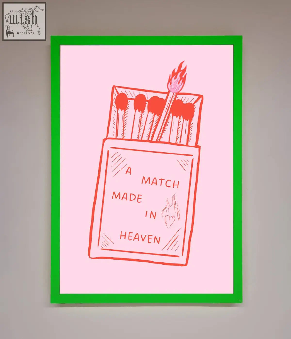 A match made in heaven framed wall art featuring red line art matchbox on pink background perfect for heaven framed wall decor