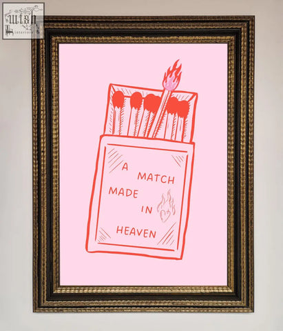 A pink illustrated matchbox print in an ornate gold-toned frame perfect for a heaven framed wall art display