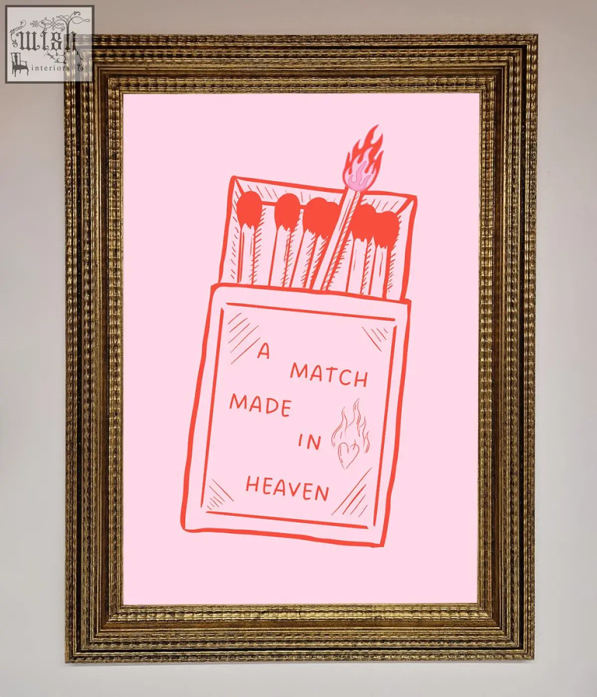 A pink match made heaven framed wall art with a flame design in a gold ornate heaven framed wall perfect for decor