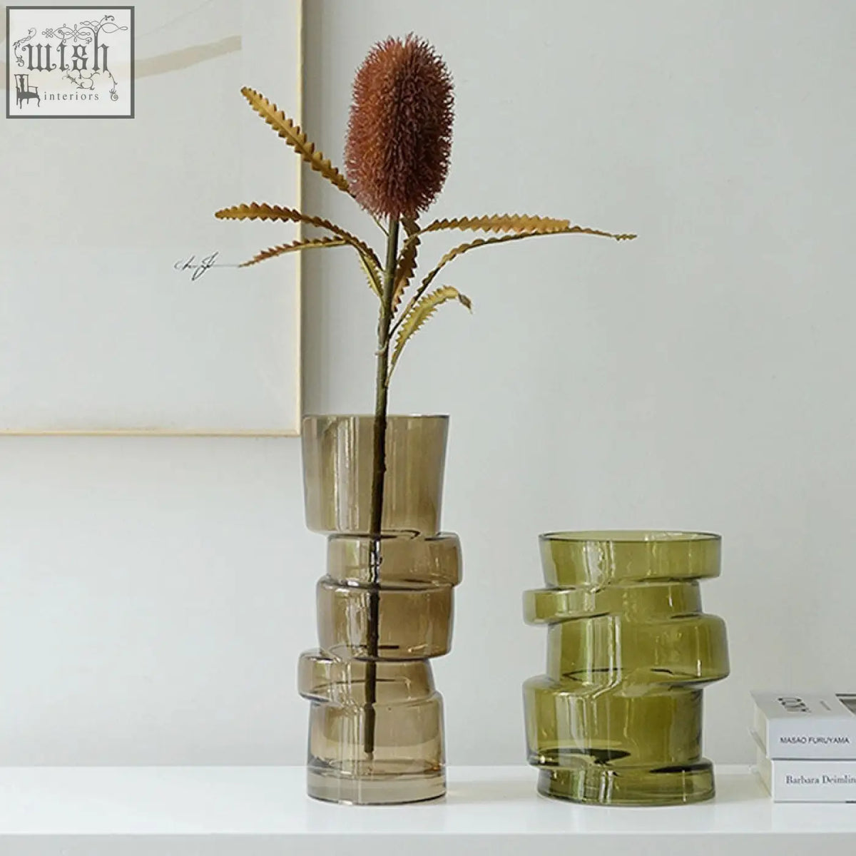 Tall stacked olive green costa glass vase with modern geometric design from a set of two costa glass vases