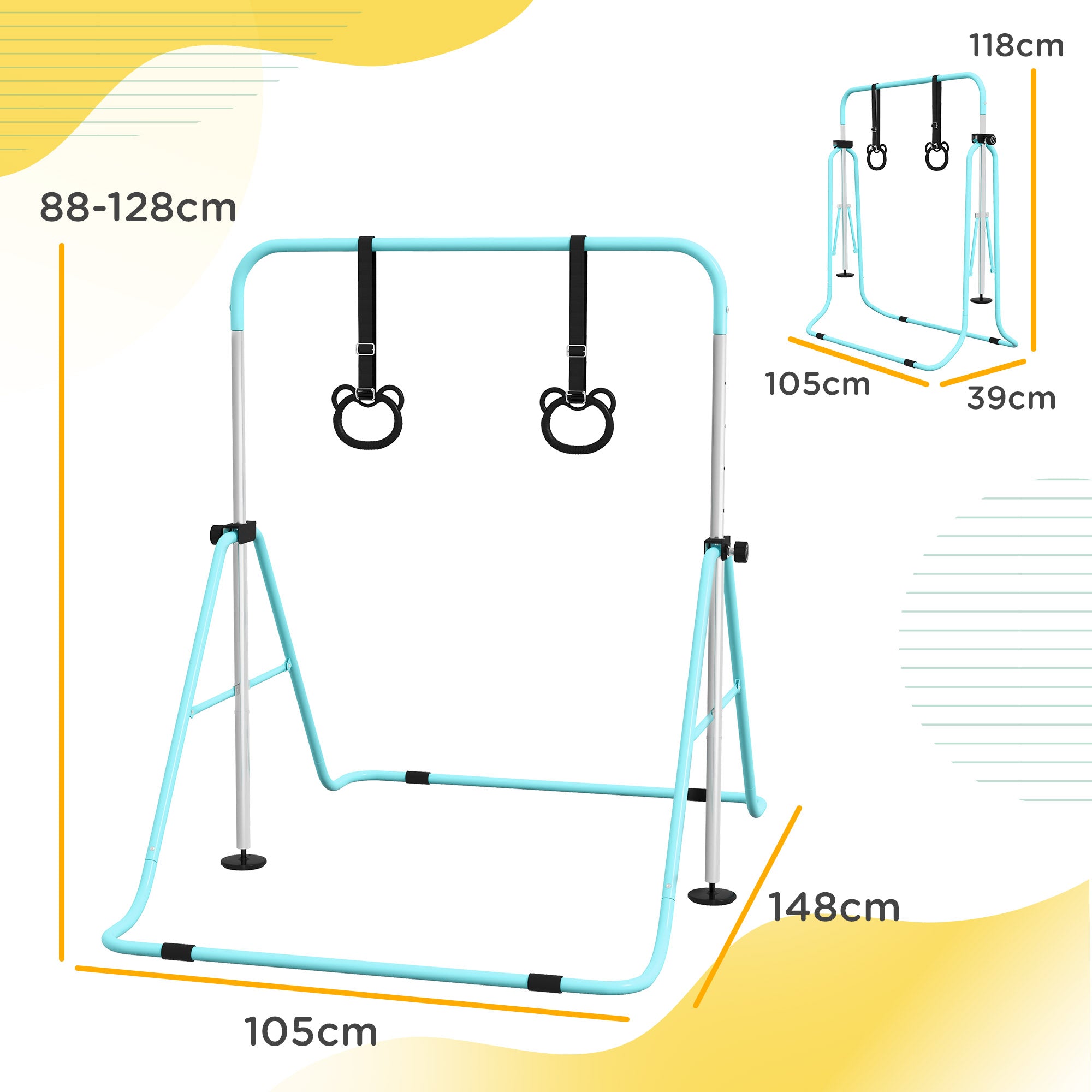 HOMCOM Adjustable Height, Foldable Kids Gymnastics Bar w/ Non-slip Rubber Floor Rings, for 3+ Years, Green