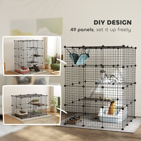 PawHut Steel Wire Cat Cage Indoor with Hammock, Ramps, Doors, DIY Cat Enclosure for 1-3 Cats, Black
