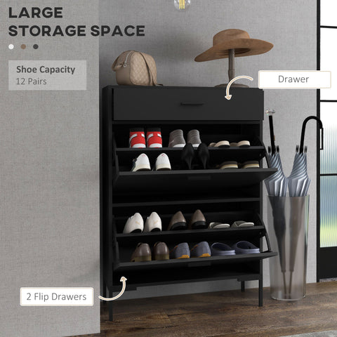 HOMCOM Three Drawer Slim Shoe Storage Cabinet, 12 Shoe Pairs - Black