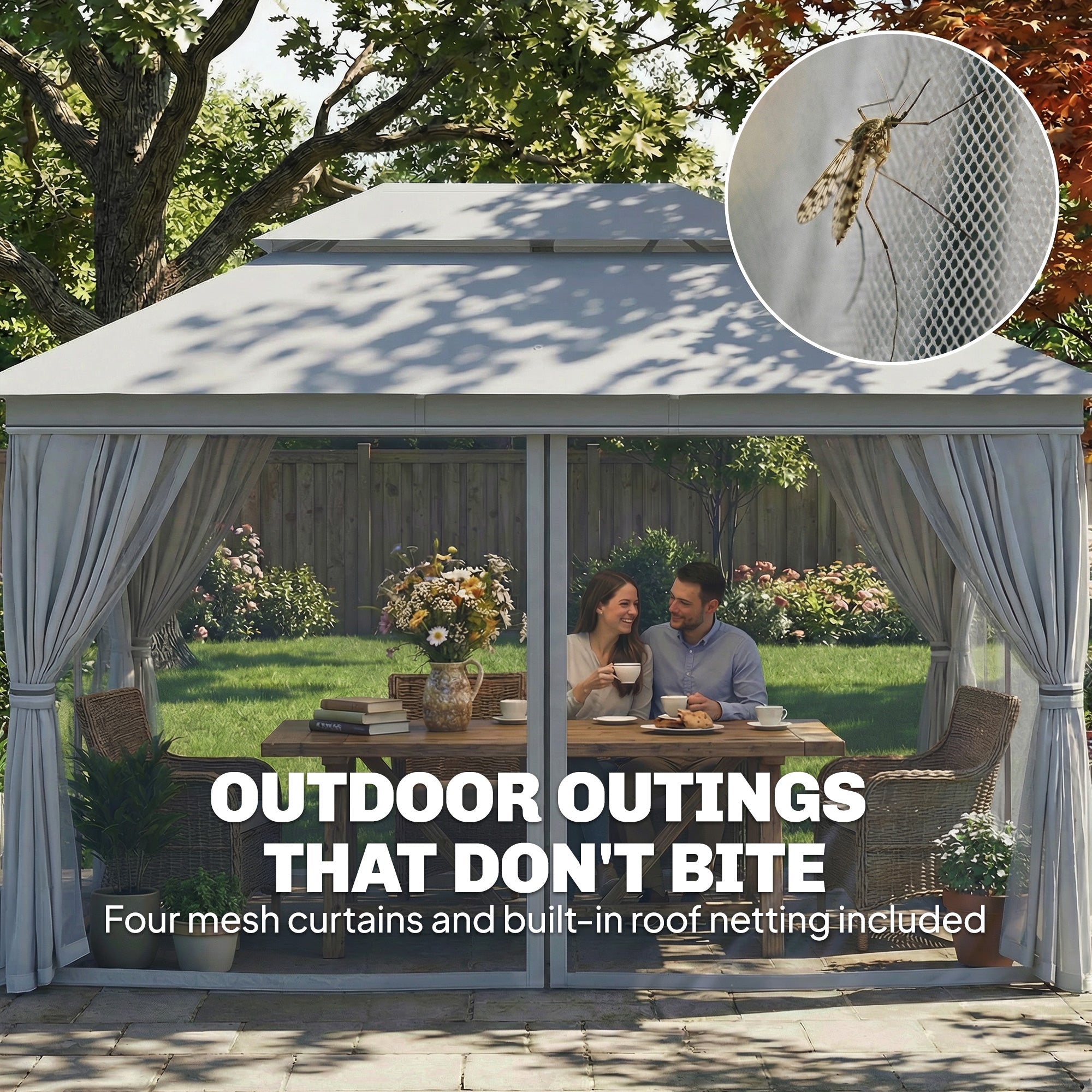 Outsunny 3 x 4 m Outdoor Garden Gazebo with Netting and Curtains, UPF50+ Patio Gazebo Permanent Pavilion Canopy, Dark Grey