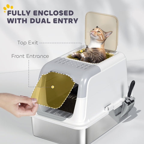 PawHut Extra Large Stainless Steel Litter Box, Enclosed Cat Litter Tray with Scoop, Deodorizer Bag, Front-Entry and Top-Exit