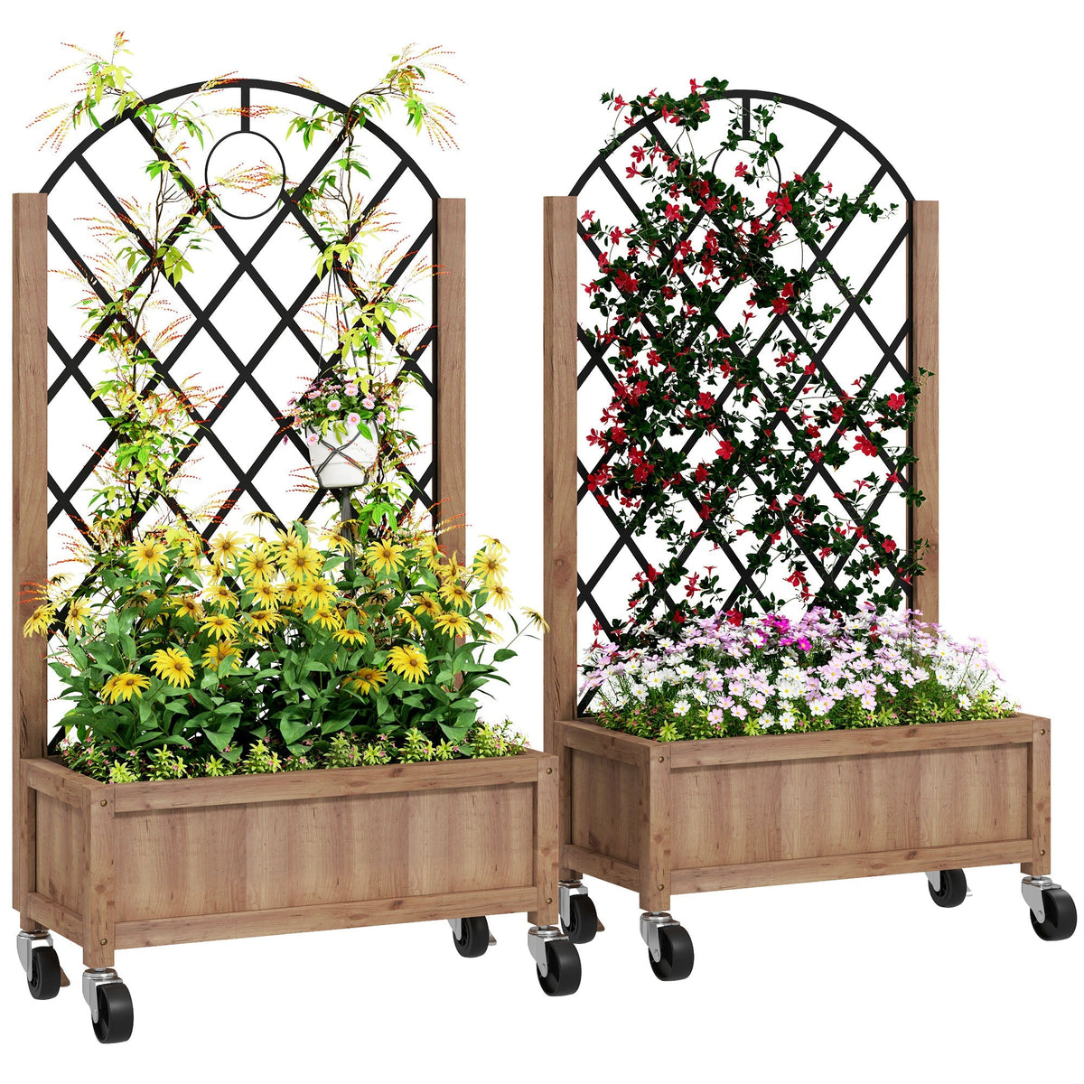 Outsunny Wooden Planter, with Metal Trellis - Brown/Black