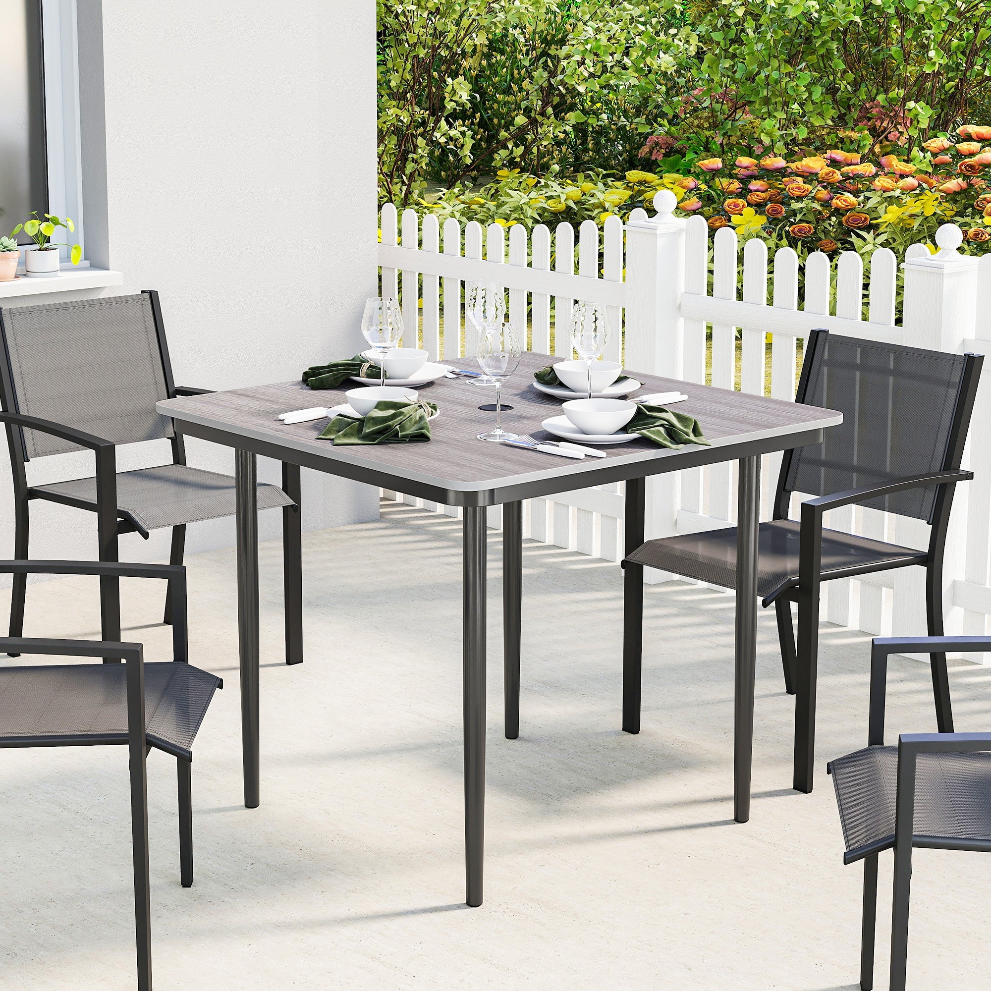 Outsunny Garden Dining Table for 4, 85 cm Square Outdoor Table with Umbrella Hole, Faux Wood Top, Metal Legs, Light Grey