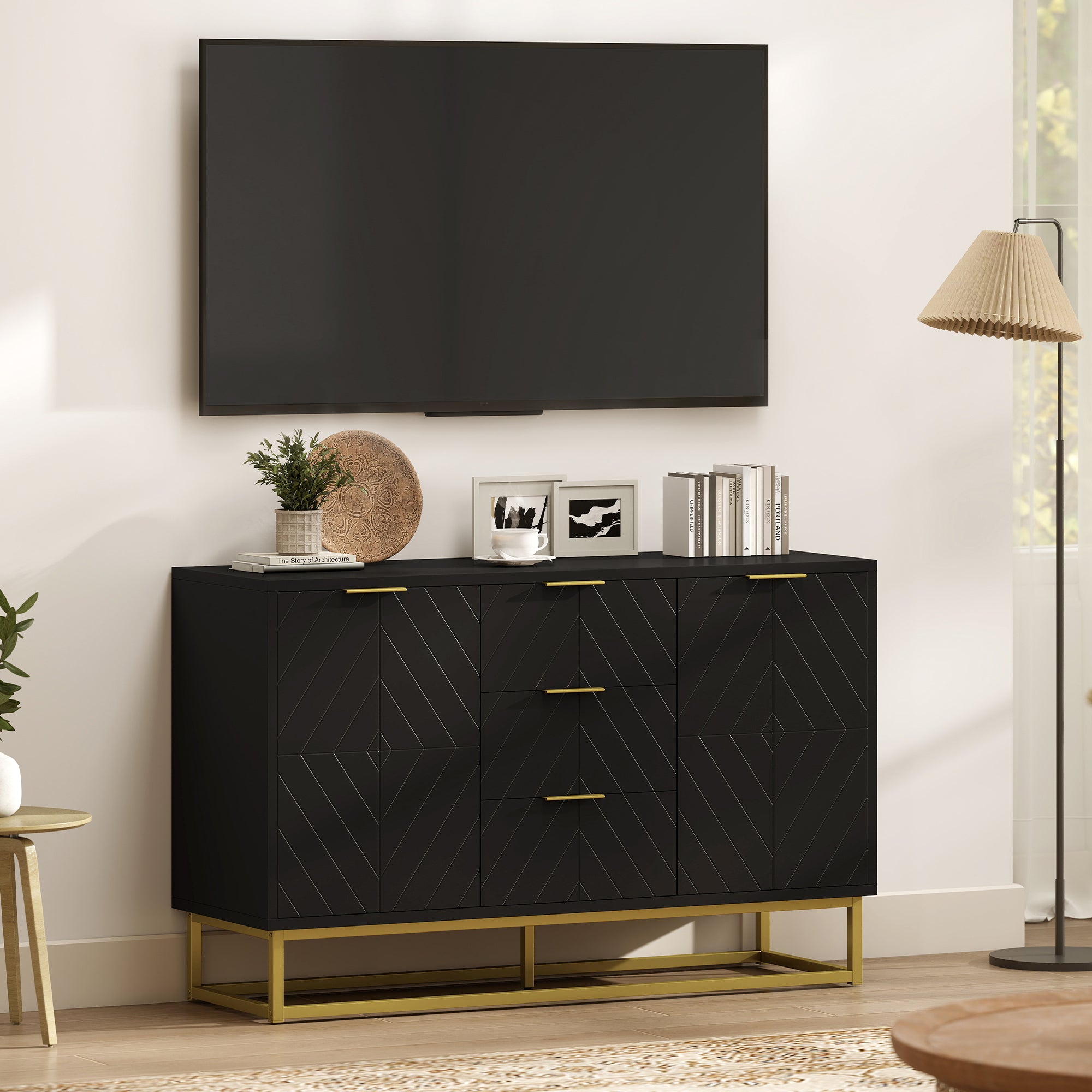 HOMCOM Sideboard with 3 Drawers and Adjustable Shelves for Living Room - Black