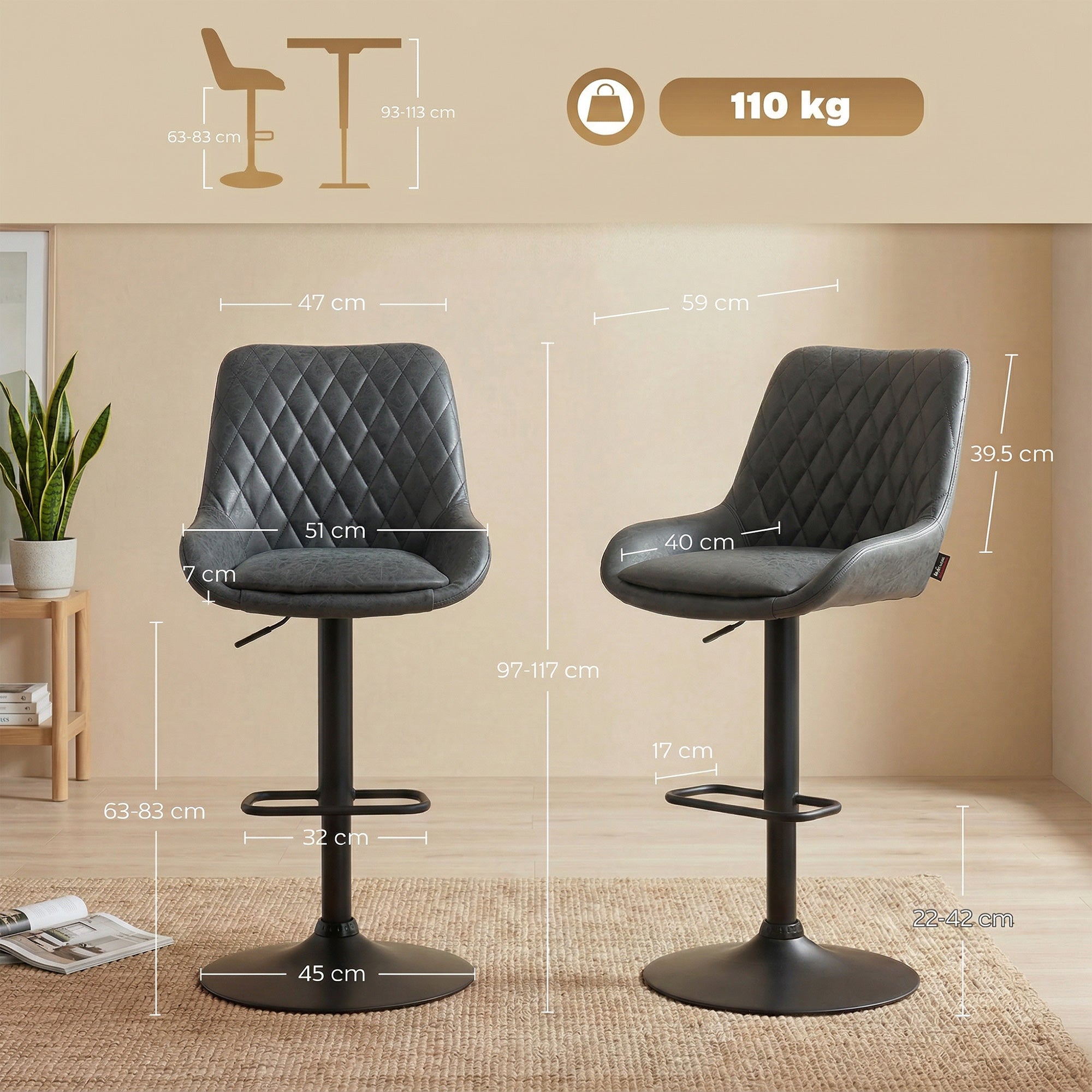 HOMCOM Set of Two Faux Leather Retro Bar Stools - Black