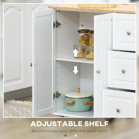 HOMCOM Kitchen Island with Drop Leaf, Rolling Kitchen Storage Trolley on Wheels with 3 Drawers, Spice Rack and Towel Rack, Storage Cart with Rubber Wood Top, White